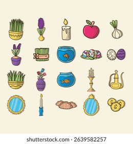 Collection of colorful icons, representing traditional springtime symbols, including flowers, candles, fish, eggs, and food items.  These stylized images are ideal for representing a spring festival 
