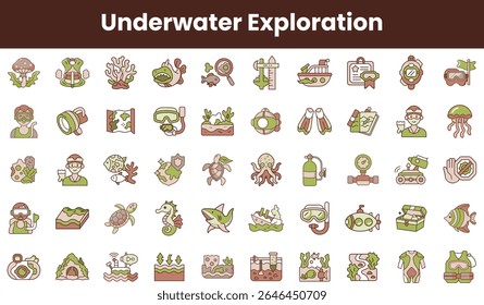 A collection of colorful icons representing underwater exploration activities, showcasing diverse marine life, equipment, and safety gear in a fun, illustrative style.