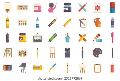 Collection of colorful icons representing various artist tools and equipment used for drawing, painting, and other art forms