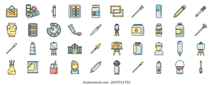 Collection of colorful icons representing various art supplies, tools, and equipment used for painting, drawing, and creative expression