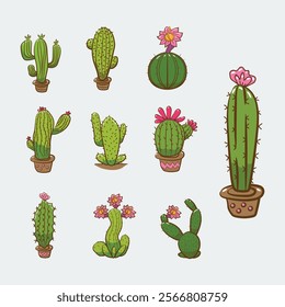 Collection of Colorful Illustrated Cactus Plants Displaying Artistic Pot Designs	