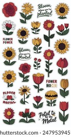 Una colección de pegatinas florales ilustradas de colores con texto motivacional como "Florece donde estás plantado" y "Poder Floral".