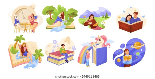 A collection of colorful illustrations depicting people and fantastical characters reading books in various imaginative settings. Vector illustration