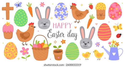 Collection of colorful illustrations for Easter day. 
Bunny, Easter eggs, hen, chicks, basket, cupcake, spring flowers, butterflies. Cute vector illustation.