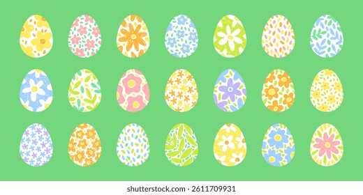 Collection of colorful illustrations for Easter day. Various colored Easter eggs with handdrawn floral patterns. Cute vector illustation, green background.	