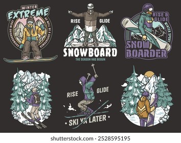 Collection of colorful illustrations featuring skiers and snowboarders enjoying winter sports against a backdrop of snowy mountains and pine trees