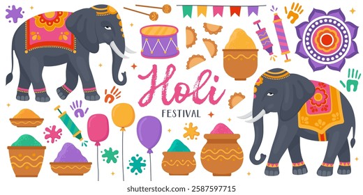 Collection of colorful illustrations for Holi festival.  Indian traditional festival of colors, holiday. Elephants, heaps of Holi pigments in clay bowls, balloons, mandala, drums, paint stains. 