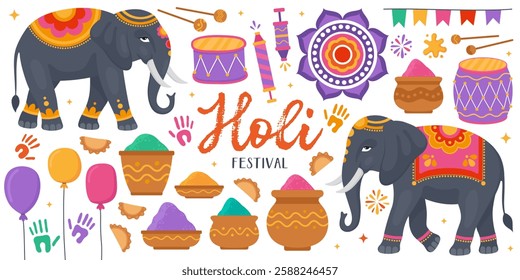 Collection of colorful illustrations for Holi festival. Indian traditional festival of colors, holiday. Elephants, heaps of Holi pigments in clay bowls, balloons, mandala, drums, paint stains.