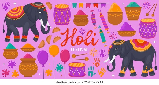 Collection of colorful illustrations for Holi. Indian traditional festival of colors, holiday. Elephants, heaps of Holi pigments in clay bowls, balloons, drums, paint stains, pink background.