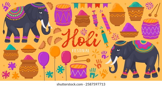 Collection of colorful illustrations for Holi. Indian traditional festival of colors, holiday. Elephants, heaps of Holi pigments in clay bowls, balloons, drums, paint stains, yellow background.