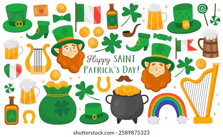 Collection of colorful illustrations for Saint Patrick's day. Traditional holiday of Ireland. Leprechaun, clover leaf, rainbow, pot, gold coin, harp, beer. Symbols of luck.