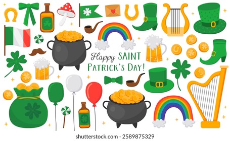 Collection of colorful illustrations for Saint Patrick's day. Traditional holiday of Ireland. Clover leaf, rainbow, pot, gold coin, harp, beer, balloons. Symbols of luck.