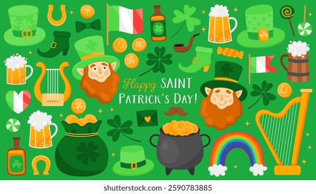 Collection of colorful illustrations for Saint Patrick's day. Traditional holiday of Ireland. Leprechaun, clover leaf, rainbow, pot, gold coin, harp, beer on a green background. Symbols of luck.