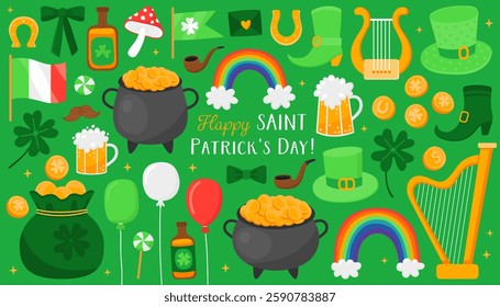 Collection of colorful illustrations for Saint Patrick's day. Traditional holiday of Ireland. Clover leaf, rainbow, pot, gold coin, harp, beer, balloons on a green background. Symbols of luck.