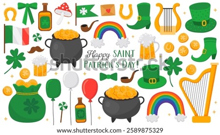 Collection of colorful illustrations for Saint Patrick's day. Traditional holiday of Ireland. Clover leaf, rainbow, pot, gold coin, harp, beer, balloons. Symbols of luck.