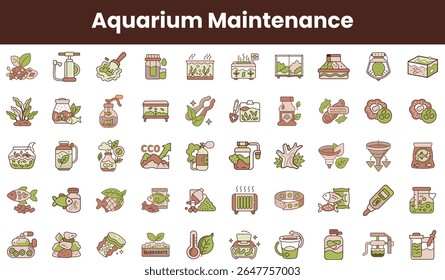 Uma coleção de ilustrações coloridas que mostram várias ferramentas e suprimentos de manutenção do aquário, enfatizando uma abordagem divertida e envolvente para o cuidado aquático.