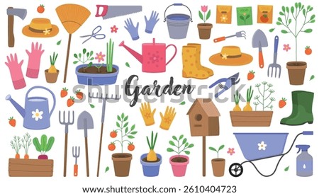 Collection of colorful illustrations for vegetable garden. Items for gardening, farming. Wheelbarrow, watering can, shovel, bucket, rake, boots, vegetables.