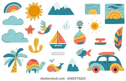A collection of colorful images and symbols, including a car, a boat, a turtle