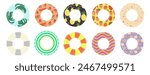 A collection of colorful Inflatable Pool Floats of fun patterns tropical, fruit and sea themed. Top view of rubber swimming ring icons. Perfect for summer parties, beach holiday design