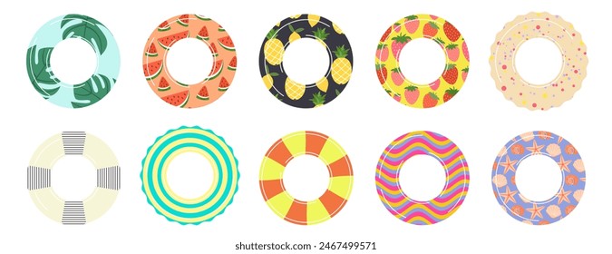 A collection of colorful Inflatable Pool Floats of fun patterns tropical, fruit and sea themed. Top view of rubber swimming ring icons. Perfect for summer parties, beach holiday design