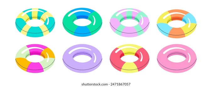 Una colección de coloridos anillos de goma inflables desde la vista de divertidos patrones geométricos. Iconos de juguetes de piscina. Perfecto para fiestas de verano, diseño de vacaciones en la playa