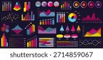Collection of colorful infographic chart elements including pie, bar, line, area, and pyramid charts in modern graphic style on dark background. Vector illustration
