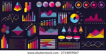 Collection of colorful infographic chart elements including pie, bar, line, area, and pyramid charts in modern graphic style on dark background. Vector illustration
