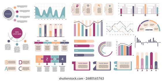 Coleção de elementos infográficos coloridos, incluindo gráficos e linhas de tempo em estilo plano em fundo branco. Conceito de apresentação de dados. Ilustração vetorial
