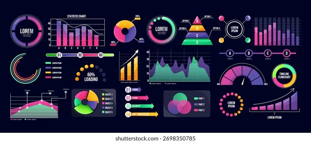 Colección de elementos infográficos coloridos que incluyen gráficos, gráficas, barras y diagramas con estilo gráfico moderno sobre fondo oscuro. Concepto de visualización de datos. Ilustración vectorial