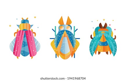 Collection of Colorful Insects, Top View of Cute Beetles Cartoon Vector Illustration