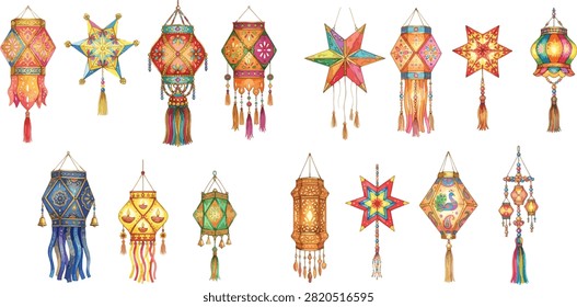 A collection of colorful, intricately designed Indian lanterns and stars, perfect for festive decorations and cultural celebrations.