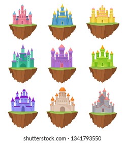 Collection colorful island castles on white background.