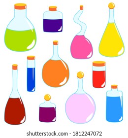 Colección con coloridas botellas de poción mágica aisladas. Símbolos de Halloween. Estilo de caricatura simple. El ocultismo y la brujería beben. Química de elixir de cuento de hadas. Prueba de aura. Cosméticos y medicina