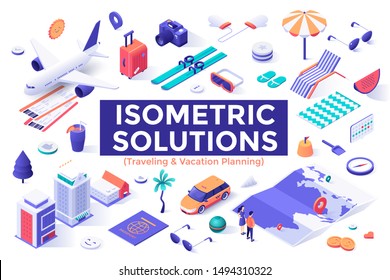 Collection of colorful isometric design elements or objects isolated on white background - tourism, travel, summer trip or journey, vacation planning, touristic service. Modern vector illustration.