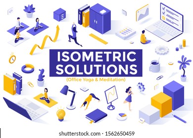 Collection of colorful isometric design elements isolated on white background - yoga at office, asanas and mindfulness meditation practice at workplace, stress management. Modern vector illustration.