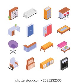 A collection of colorful, isometric furniture icons, perfect for interior design, home decor, or real estate projects.