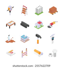 A collection of colorful, isometric icons depicting various construction tools, materials, and structures