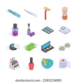 A collection of colorful, isometric icons representing various beauty and personal care items.