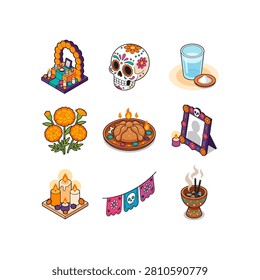 Collection of colorful isometric icons representing Day of the Dead elements like skulls, marigolds, candles, and offerings.
