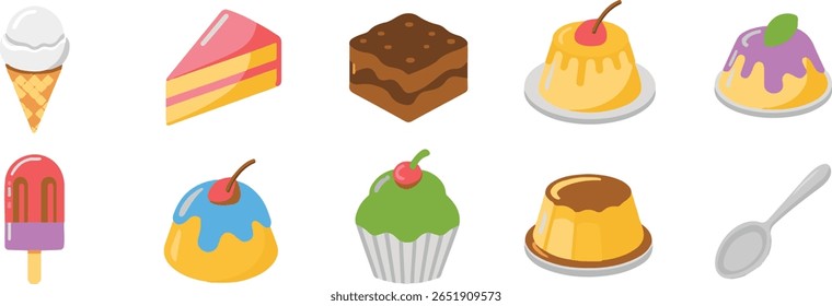 A collection of colorful isometric illustrations of various sweet treats including ice cream cones cake slices chocolate cake puddings and a spoon on a white background.