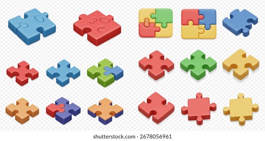 A collection of colorful, isometric puzzle pieces in various configurations, showcasing single pieces, pairs, and small groups.  They are rendered in a 3D st...