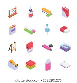 A collection of colorful, isometric school and office supplies icons