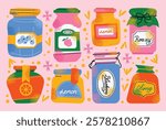 Collection of colorful jam jars with fruit labels isolated on a pink background. Set of fruit jams in glass jars in cartoon style. Hand-drawn flat vector illustration. Homemade marmalade jars.