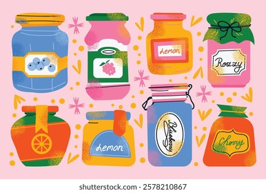 Collection of colorful jam jars with fruit labels isolated on a pink background. Set of fruit jams in glass jars in cartoon style. Hand-drawn flat vector illustration. Homemade marmalade jars.