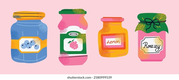 Collection of colorful jam jars with fruit labels isolated on a pink background. Set of fruit jams in glass jars in cartoon style. Hand-drawn flat vector illustration. Homemade marmalade jars.