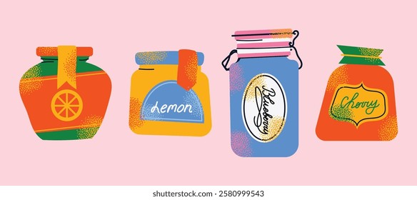 Collection of colorful jam jars with fruit labels isolated on a pink background. Set of fruit jams in glass jars in cartoon style. Hand-drawn flat vector illustration. Homemade marmalade jars.