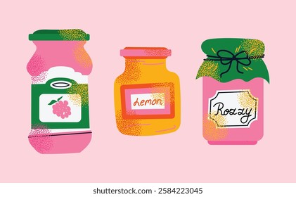 Collection of colorful jam jars with fruit labels isolated on a pink background. Set of fruit jams in glass jars in cartoon style. Hand-drawn flat vector illustration. Homemade marmalade jars.