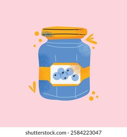 Collection of colorful jam jars with fruit labels isolated on a pink background. Set of fruit jams in glass jars in cartoon style. Hand-drawn flat vector illustration. Homemade marmalade jars.