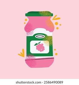 Collection of colorful jam jars with fruit labels isolated on a pink background. Set of fruit jams in glass jars in cartoon style. Hand-drawn flat vector illustration. Homemade marmalade jars.