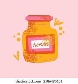 Collection of colorful jam jars with fruit labels isolated on a pink background. Set of fruit jams in glass jars in cartoon style. Hand-drawn flat vector illustration. Homemade marmalade jars.